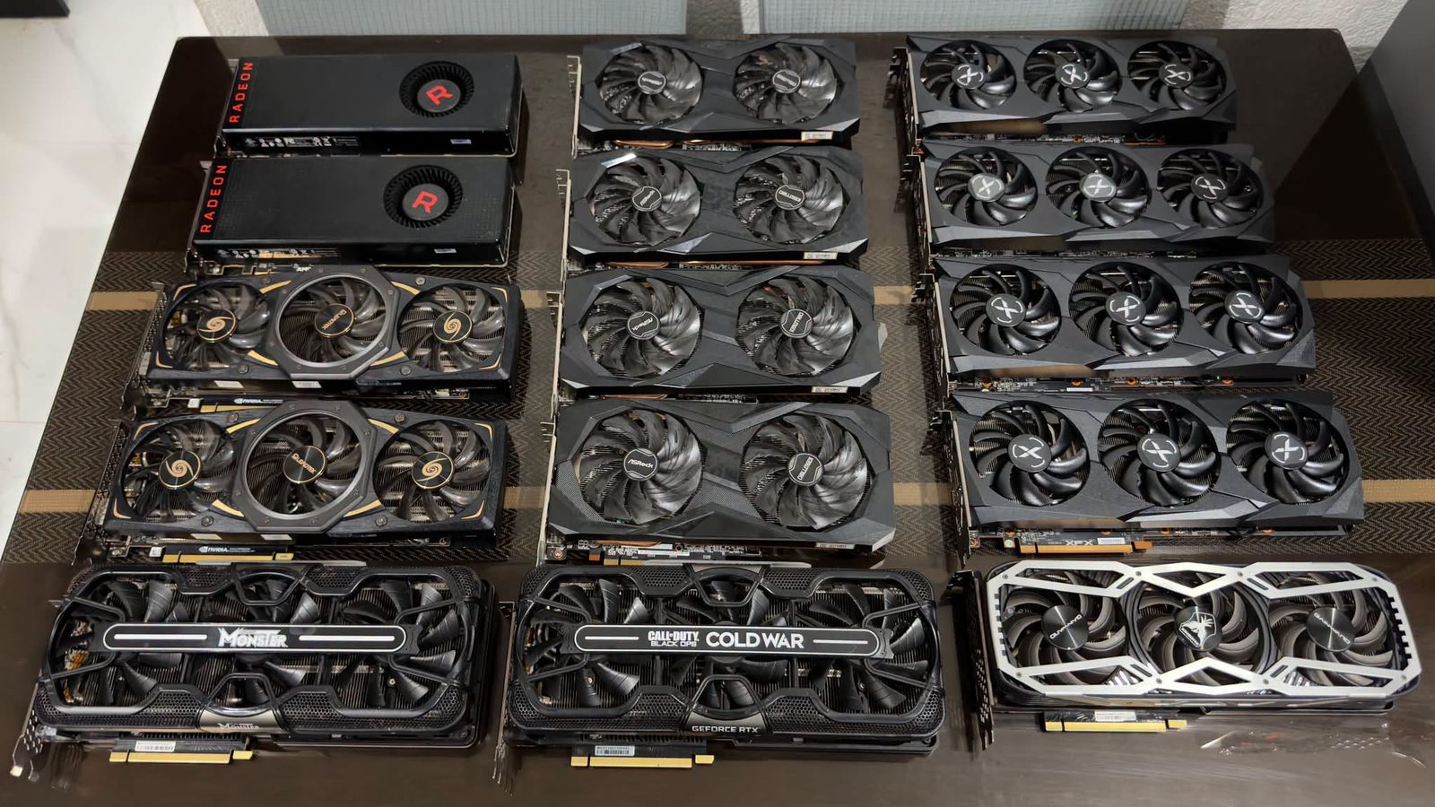 Wide batch of used GPUs photographed before sale