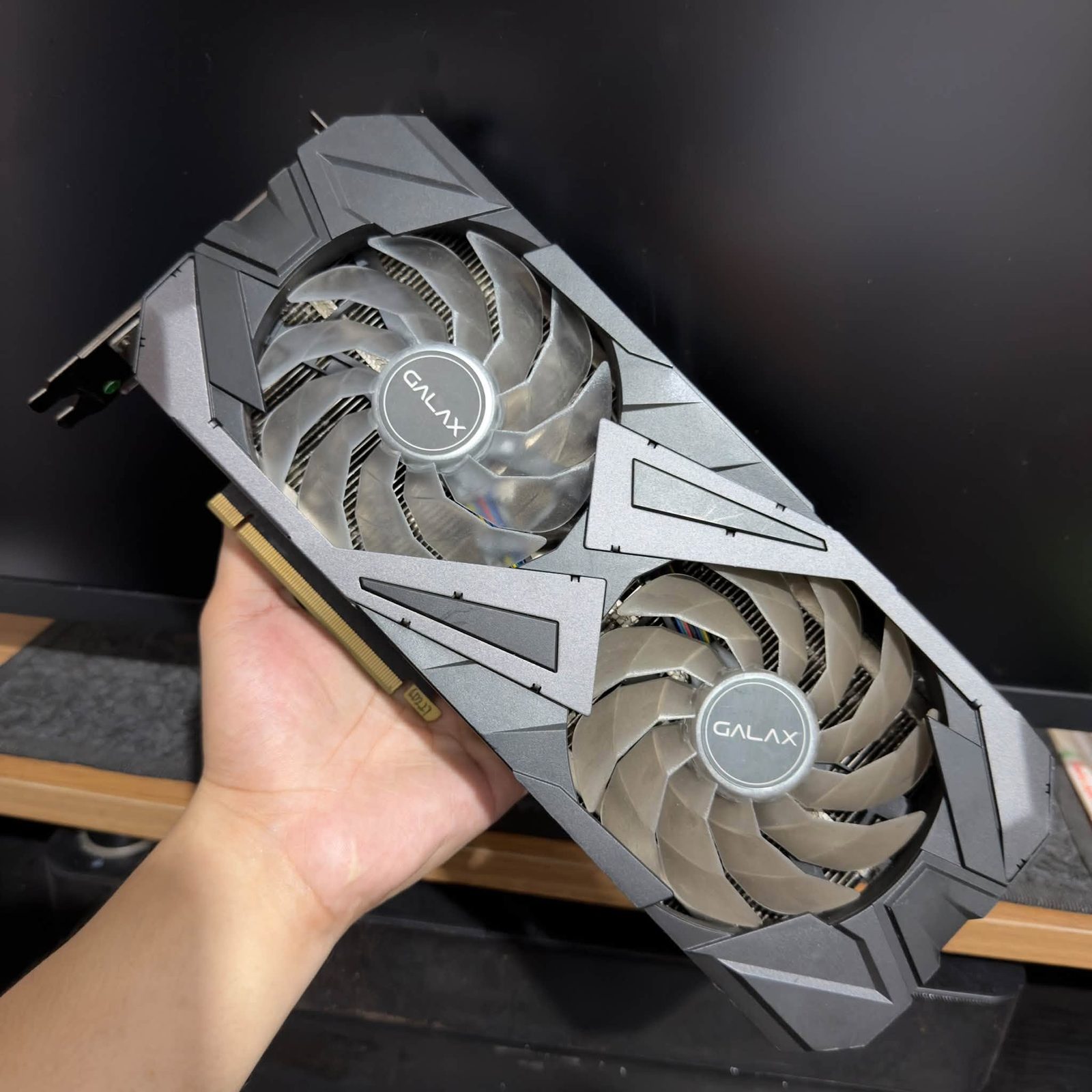 Galax dual-fan graphics card photographed before packing