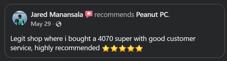 Facebook review by Jared Manansala recommending Peanut PC