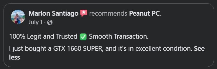 Facebook review by Marlon Santiago recommending Peanut PC
