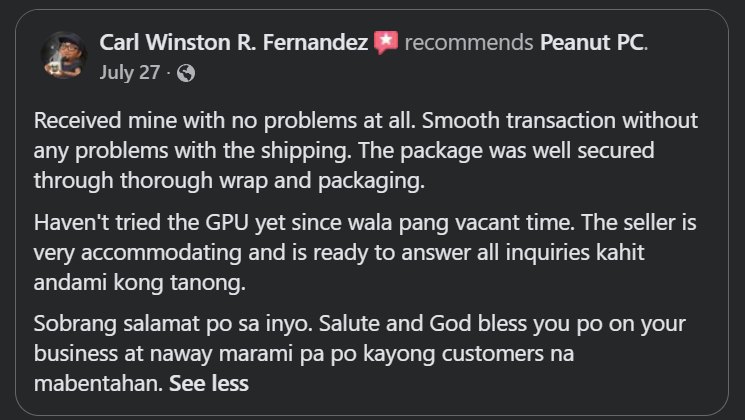 Facebook review by Carl Winston R. Fernandez recommending Peanut PC