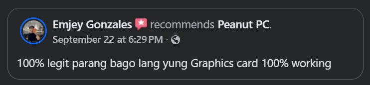 Facebook review by Emjey Gonzales recommending Peanut PC